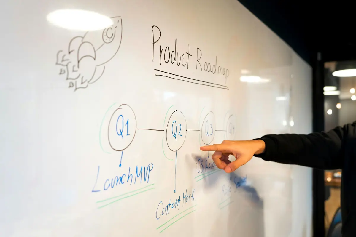 A person mapping out a product idea on a whiteboard.