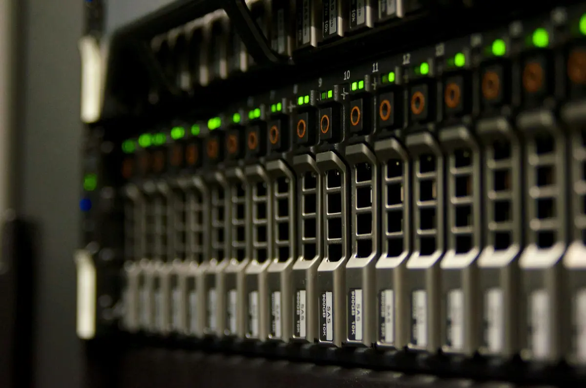 A row of servers with green status lights.